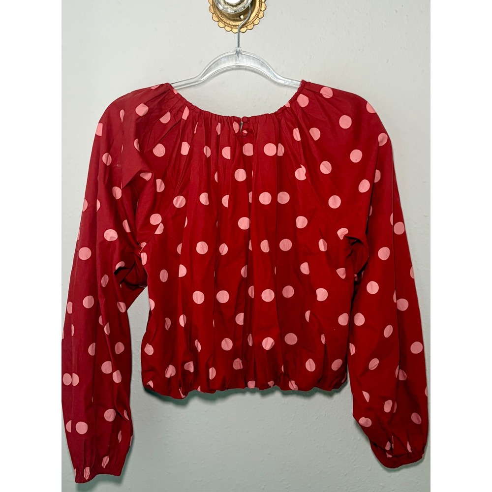Maeve Anthropologie Small Red Pink Polka Dot Balloon Sleeve Blouse - Picture 4 of 5